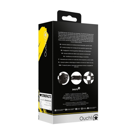 HEAD HARNESS WITH BREATHABLE BALL GAG AND NOSE HOOKS - BLACK