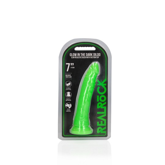 SLIM REALISTIC DILDO WITH SUCTION CUP - GLOW IN THE DARK - 7\'\' / 18 CM