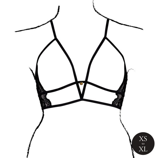 OPEN CUP TRIANGLE BRA WITH LACE AND ADJUSTABLE SLIDERS - ONE SIZE - BLACK