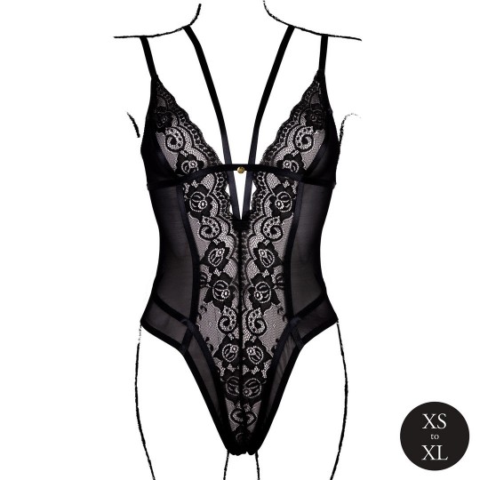 WIRELESS LACE BODYSUIT WITH ADJUSTABLE SLIDERS - ONE SIZE - BLACK