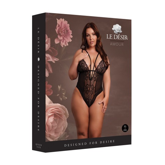WIRELESS LACE BODYSUIT WITH ADJUSTABLE SLIDERS - PLUS SIZE - BLACK