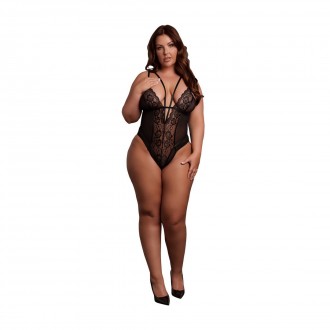WIRELESS LACE BODYSUIT WITH ADJUSTABLE SLIDERS - PLUS SIZE - BLACK