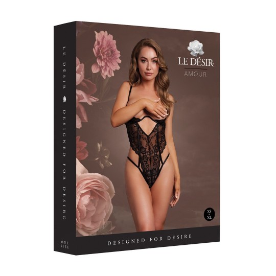 LACE UNDERWIRED OPEN CUP BODYSUIT WITH ADJUSTABLE SLIDERS - ONE SIZE - BLACK