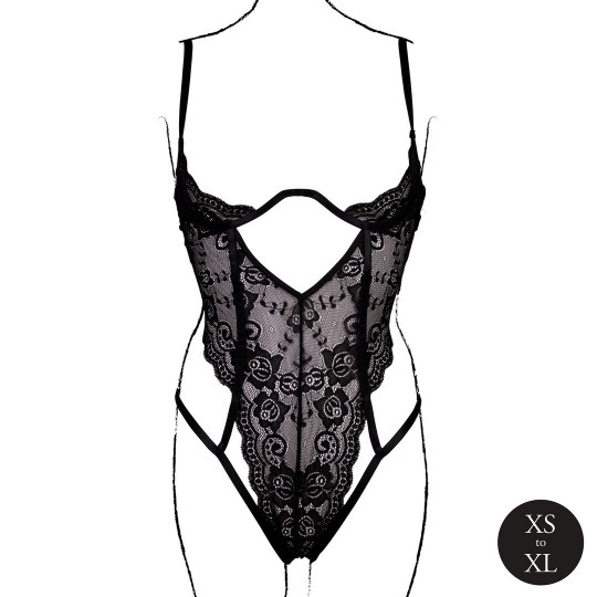 LACE UNDERWIRED OPEN CUP BODYSUIT WITH ADJUSTABLE SLIDERS - ONE SIZE - BLACK