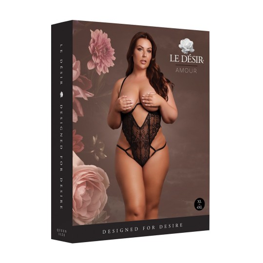 LACE UNDERWIRED OPEN CUP BODYSUIT WITH ADJUSTABLE SLIDERS - PLUS SIZE - BLACK