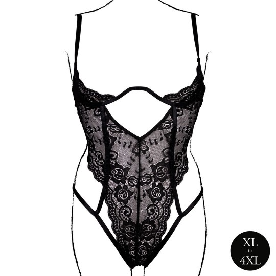 LACE UNDERWIRED OPEN CUP BODYSUIT WITH ADJUSTABLE SLIDERS - PLUS SIZE - BLACK