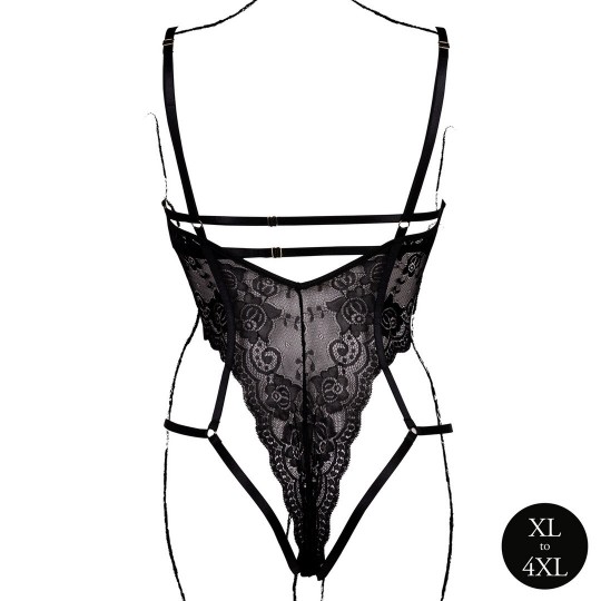 LACE UNDERWIRED OPEN CUP BODYSUIT WITH ADJUSTABLE SLIDERS - PLUS SIZE - BLACK