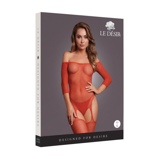 SHIMMERING OFF THE SHOULDER BODYSTOCKING - ONE SIZE - RED/GOLD GLITTER