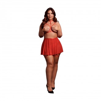 4 PIECE SET WITH BRA, PANTY, DOUBLE STRAP GARTER BELT AND PEEK-A-BOO MESH SKIRT - PLUS SIZE - RED