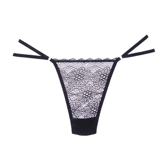 LACE AND MESH THONG - ONE SIZE - BLACK