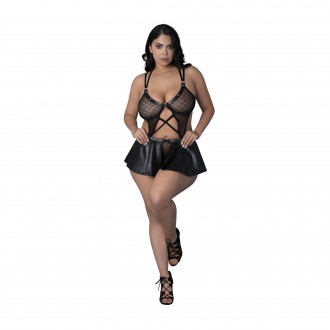 ANASTASIA - CAMI OPEN SCROTCH SKIRT PANTY AND BRA WITH RINGS AND STUDS - BLACK