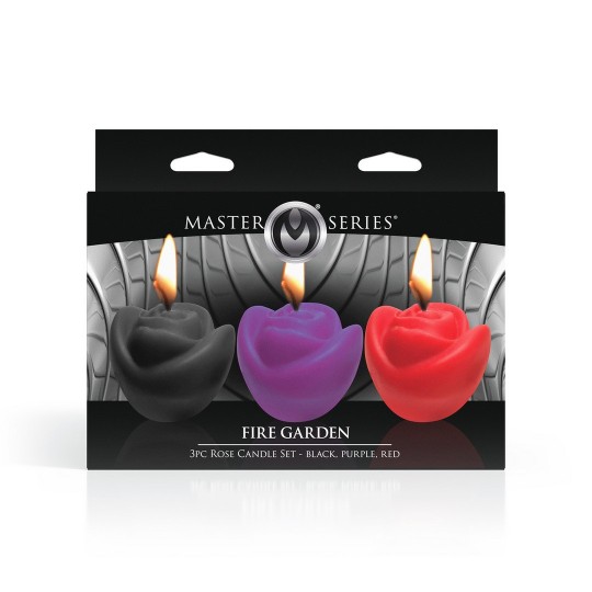FIRE GARDEN ROSE CANDLE SET - 3 PIECES - BLACK/PURPLE/RED