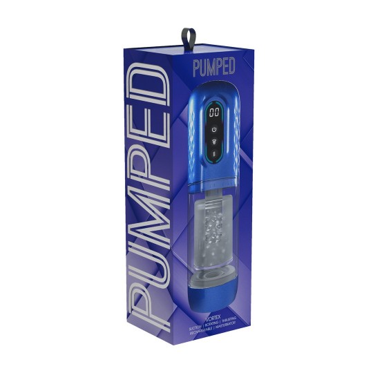PUMPED VORTEX SUCTION ROTATION AND THRUSTING MASTURBATOR PUMP METALLIC BLUE