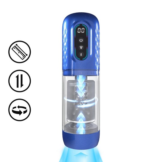 PUMPED VORTEX SUCTION ROTATION AND THRUSTING MASTURBATOR PUMP METALLIC BLUE