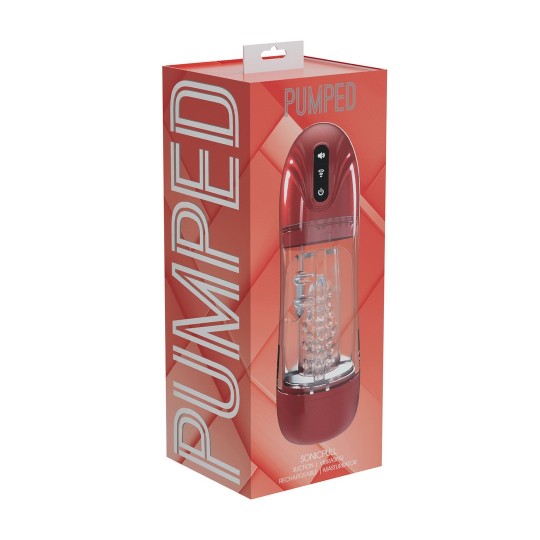 PUMPED SONICPULL SUCTION AND VIBRATION MASTURBATOR PUMP MULTIMEDIA ENHANCED METALLIC RED