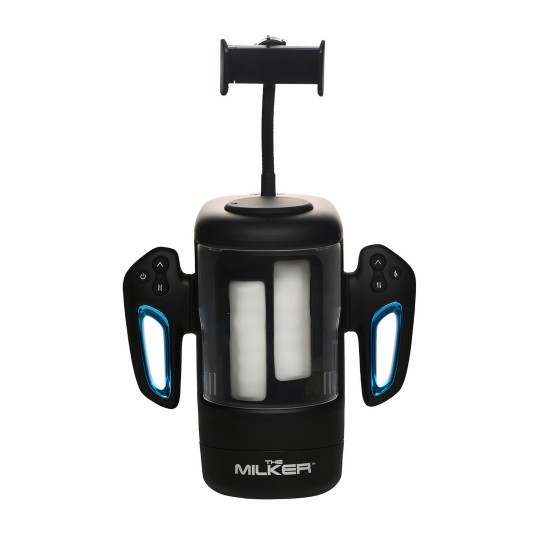 CYBER MILKER - MASTURBADOR CON ACARICIADOR Y VIBRADOR CON SOPORTE PARA TELÉFONO - TRANSPARENTE/NEGRO