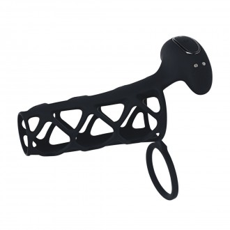 LEVELZ VIBRATING CAGE SILICONE COCK SLEEVE AND BALL RING BLACK 