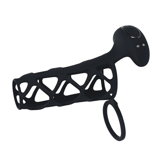 LEVELZ VIBRATING CAGE SILICONE COCK SLEEVE AND BALL RING BLACK 