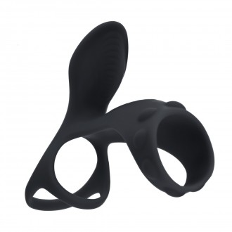 ANILLO VIBRADOR DE SILICONA PARA PENE Y TESTÍCULOS CON ASA - NEGRO