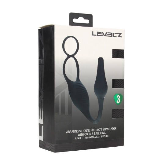 VIBRATING SILICONE PROSTATE STIMULATOR WITH COCK AND BALL RING - BLACK