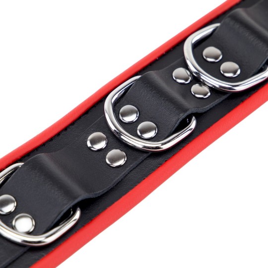 LEATHER NECKLACE 3 D RINGS - RED/BLACK