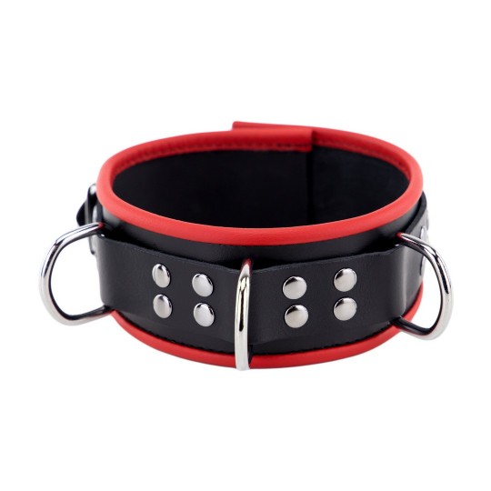 LEATHER NECKLACE 3 D RINGS - RED/BLACK