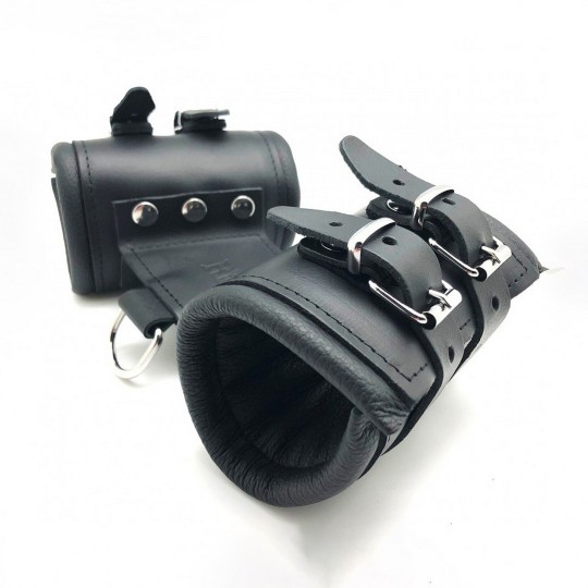 LEATHER DOUBLE HANDCUFFS - BLACK