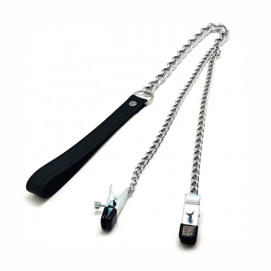 BREAST CLAMPS AND LEASH - BLACK/SILVER