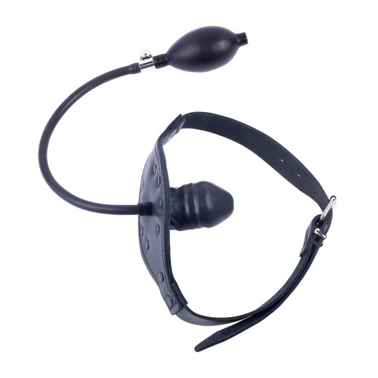 LEATHER GAG WITH INFLATABLE PENIS TIP - BLACK