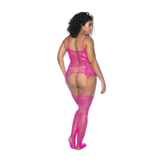 FISHNET BODYSTOCKING WITH NECKLINES AND STRAPS - QUEEN SIZE - PINK