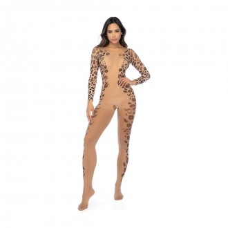 LONG PRINT SLEEVE LEOPARD MESH BODYSTOCKING - ONE SIZE - LEOPARD