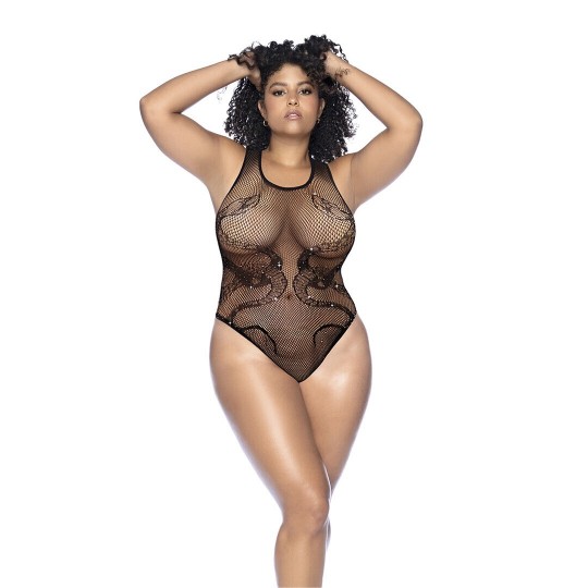 SNAKE FISHNET RHINESTONE BODYSUIT - QUEEN SIZE - BLACK/RHINESTONE