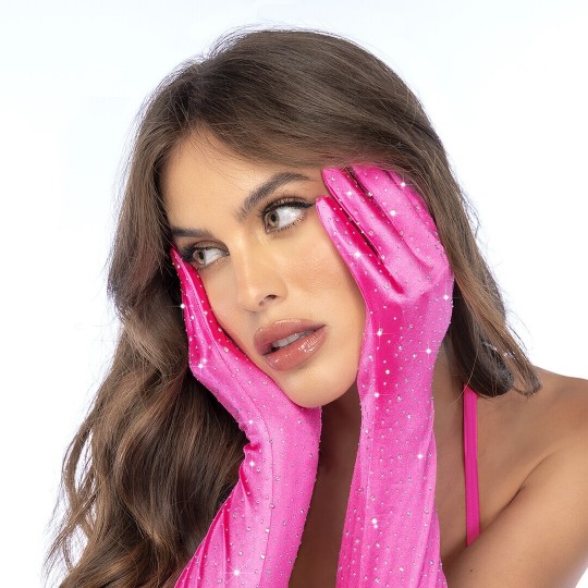 SATIN RHINESTONE OPERA GLOVES - ONE SIZE - PINK/RHINESTONE