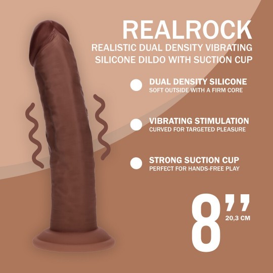 DUAL DENSITY SILICONE CURVED REALISTIC VIBRATING DILDO WITH SUCTION CUP - 8 / 20,3 CM - BROWN