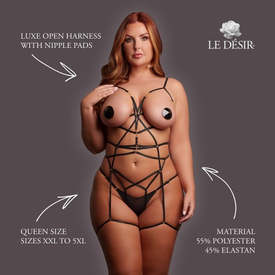 LUXE OPEN HARNESS WITH NIPPLE PADS - QUEEN SIZE - BLACK