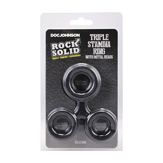 SILICONE TRIPLE STAMINA COCKRING WITH METAL BEADS - BLACK