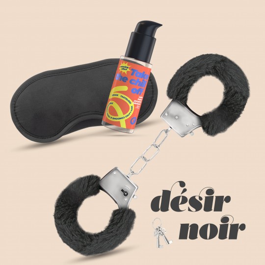 DÉSIR NOIR ENSEMBLE DE MENOTTES + MASQUE DE NUIT EN SATIN ET LUBRIFIANT EFFET CHAUFFANT CRUSHIOUS
