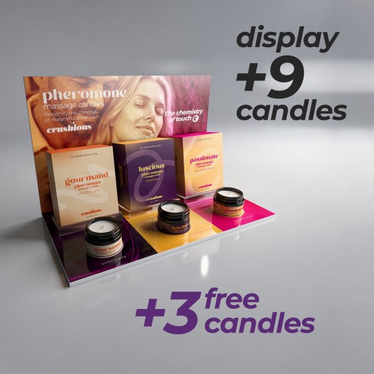 AUSSTELLER-SET FÜR GOURMAND, LUSCIOUS UND PASSIONATE MIT 9 MASSAGEKERZEN MIT PHEROMONEN + 3 GRATIS-KERZEN VON CRUSHIOUS