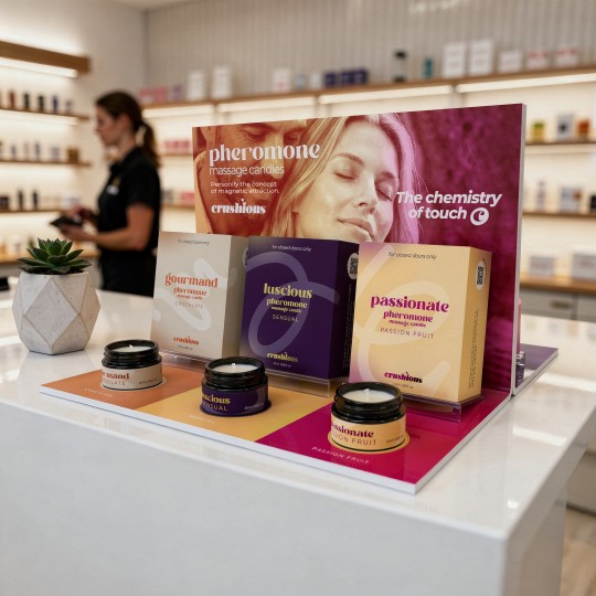 AUSSTELLER-SET FÜR GOURMAND, LUSCIOUS UND PASSIONATE MIT 9 MASSAGEKERZEN MIT PHEROMONEN + 3 GRATIS-KERZEN VON CRUSHIOUS