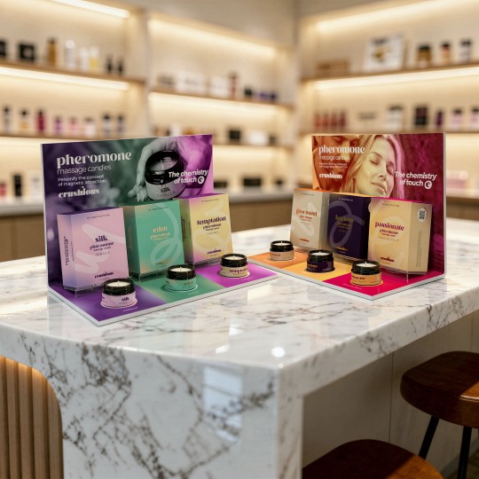 PACK DE PRÉSENTOIR POUR GOURMAND, LUSCIOUS ET PASSIONATE AVEC 9 BOUGIES DE MASSAGE AUX PHÉROMONES + 3 BOUGIES CRUSHIOUS OFFERTS