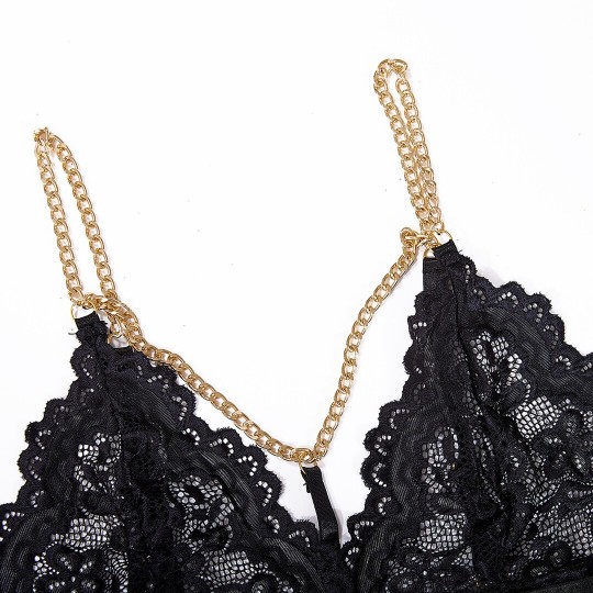 STRAPPY THREE PIECE ‌LACE CUT-OUT SET WITH CHAINS - BLACK