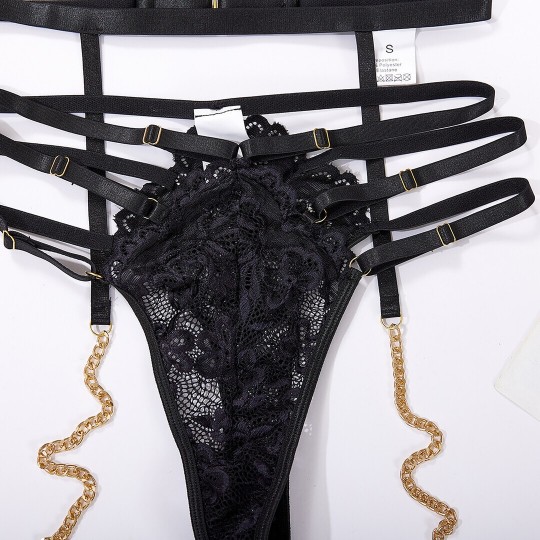 STRAPPY THREE PIECE ‌LACE CUT-OUT SET WITH CHAINS - BLACK