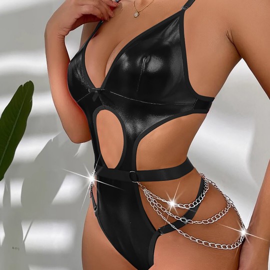 FAUX LEATHER CUT-OUT SULTRY BODYSUIT WITH CHAINS - BLACK