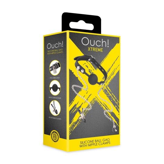 SILICONE BALL GAG WITH NIPPLE CLAMPS - BLACK/SILVER