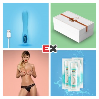 GIFT BOX WITH BLUE TUNDRA ROSE TEASE RECHARGEABLE VIBRATOR AND OFFER OF CHARMEA THONG L/XL + 3 X PJUR WOMAN NUDE LUBRICANT 2ML