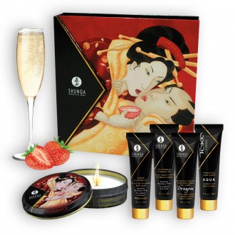 CONJUNTO SHUNGA SECRETOS DE GEISHA FRESA Y CHAMPÁN