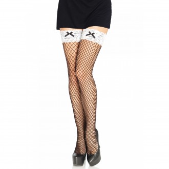 WHITE LACE TOP FISHNET THIGH HIGHS WITH BOWS