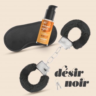 DÉSIR NOIR CONJUNTO DE ESPOSAS + ANTIFAZ SATINADO Y LUBRICANTE CON EFECTO CALOR CRUSHUIOUS