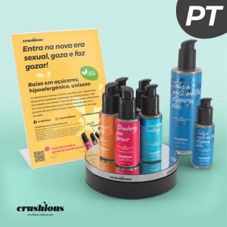 CRUSHIOUS ROTATING DISPLAY WITH LUBRICANT PRESENTATION FLYER IN PORTUGUESE AND 14 CRUSHIOUS LUBRICANTS