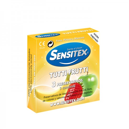 EXPOSITOR CON 48X3 PRESERVATIVOS VEGANOS TUTTIFRUTTI SENSITEX